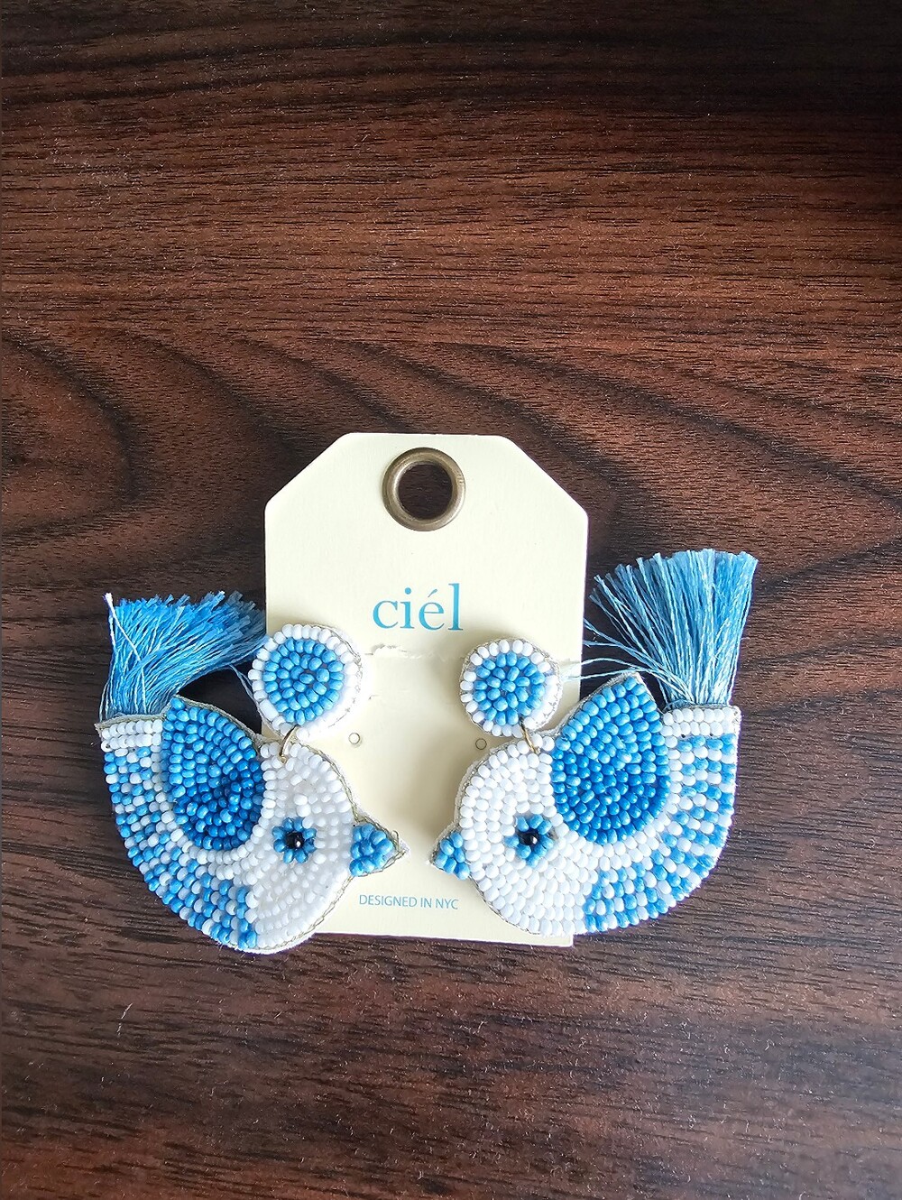 💙 Ciel Blue & White Beaded Bird Tassel Earrings New